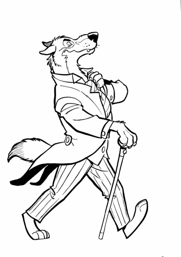 Wolf aan het wandelen met stok kleurplaat