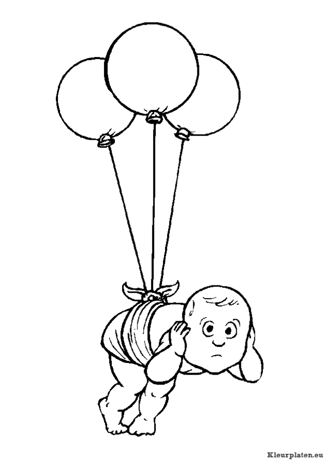 Baby zweeft aan balonnen kleurplaat