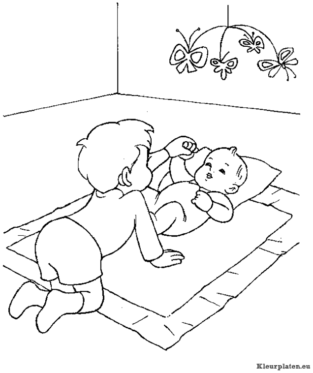 Kindje en baby aan het spelen kleurplaat