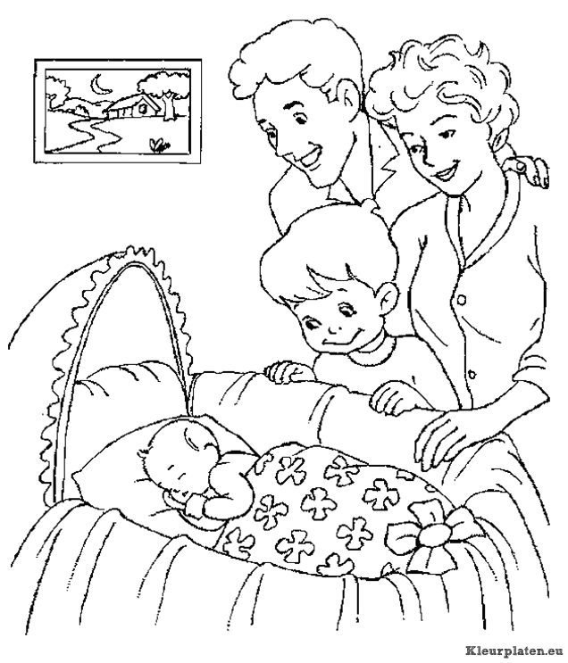 Familie om de wieg van hun nieuwe baby kleurplaat