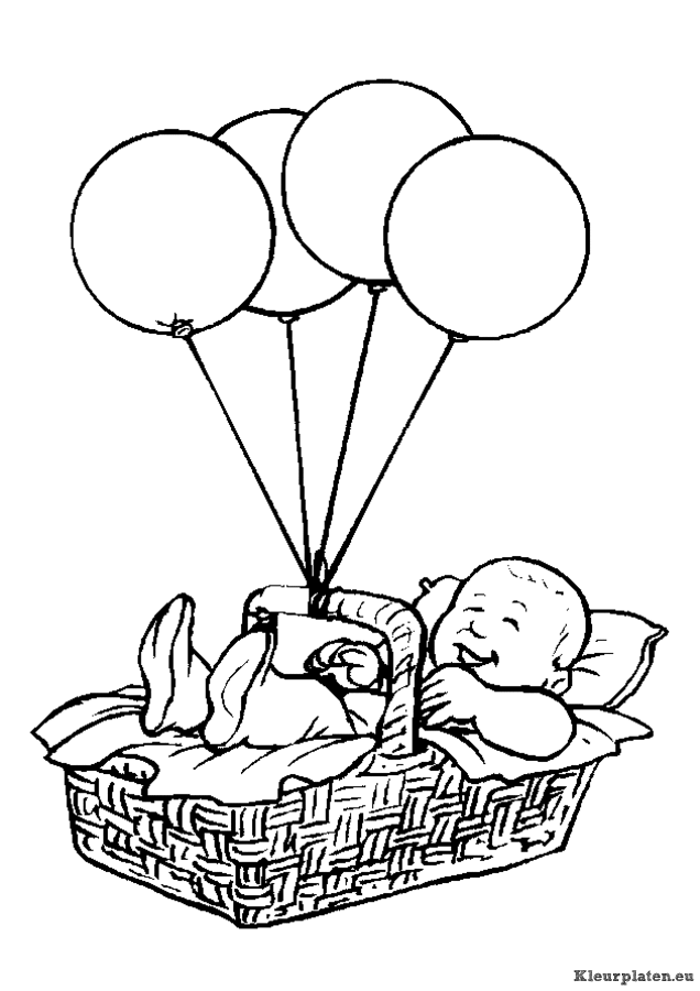 Baby in mandje met balonnen kleurplaat