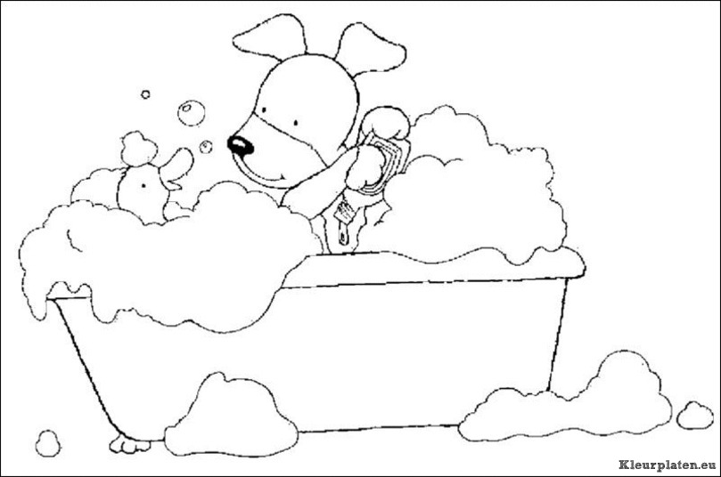 Hondje speelt in bad met eendje