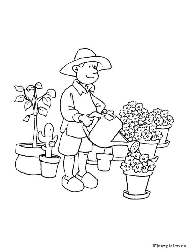 Tuinman planten water geven kleurplaat