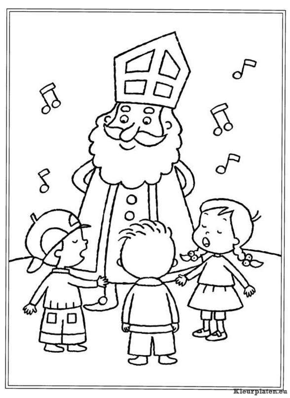 Kinderen zingen voor de Sint kleurplaat
