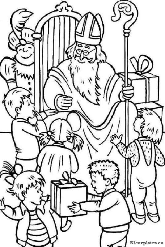 Veel kinderen bij Sinterklaas kleurplaat