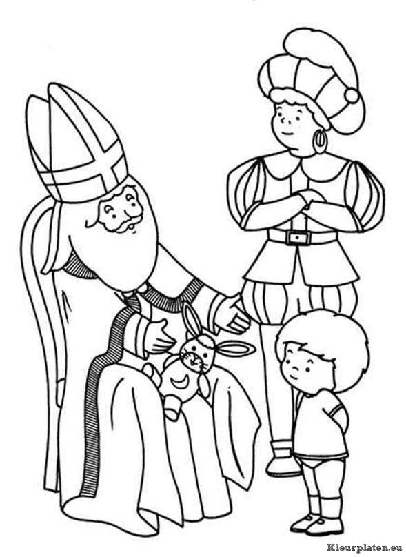 Sinterklaas met kindje en speelgoed konijn kleurplaat