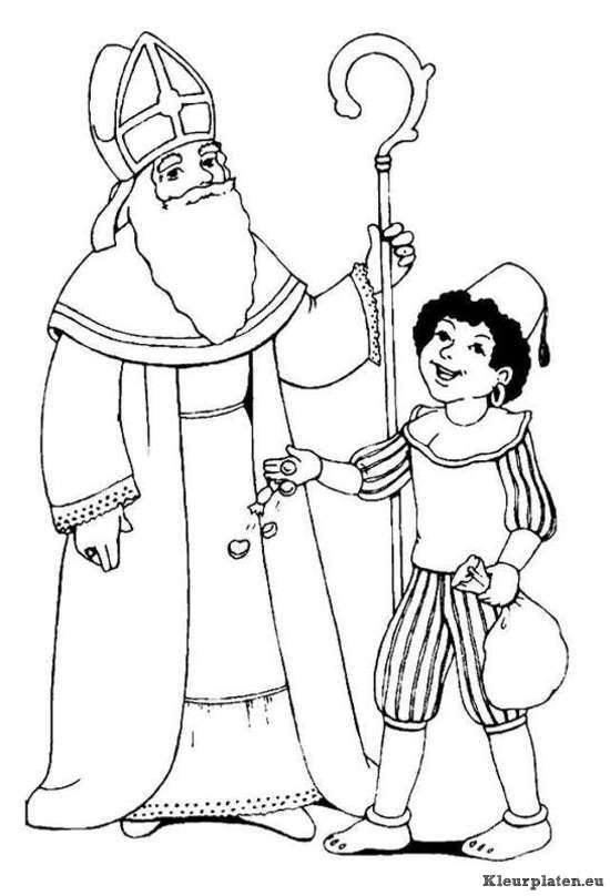 Sinterklaas en Piet die snoepgoed strooit kleurplaat