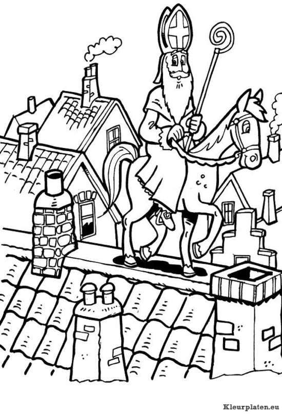 Sint balanceert met paard op het dak kleurplaat