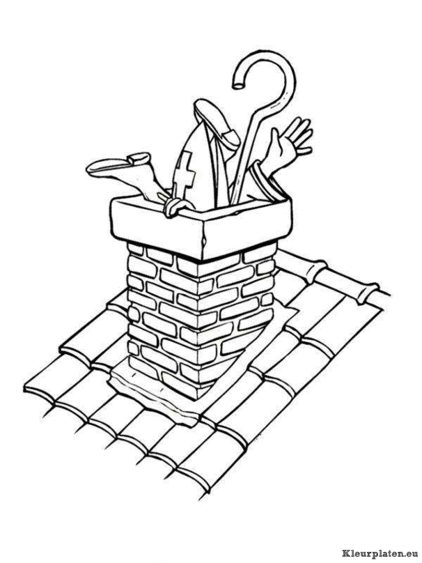 Sinterklaas zit vast in de schoorsteen kleurplaat