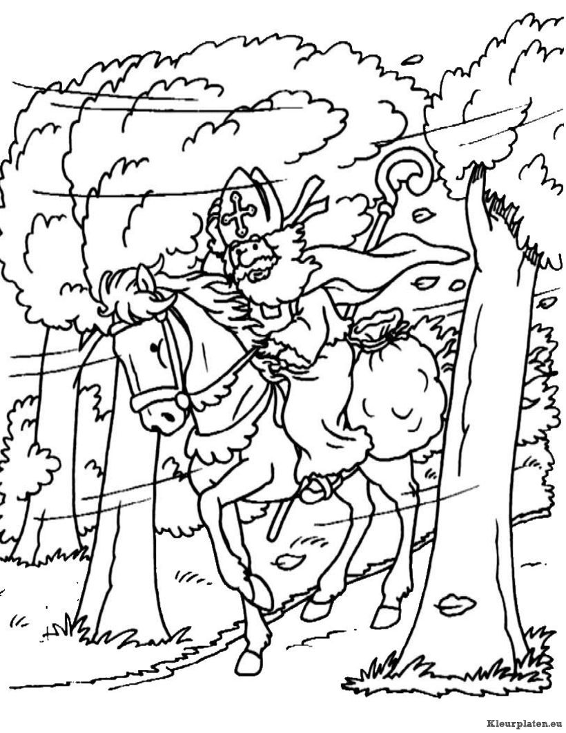 Sinterklaas in wind op zijn paard kleurplaat