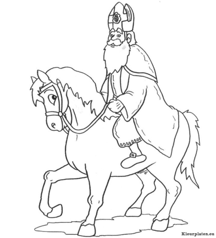 Sinterklaas op zijn witte paard kleurplaat