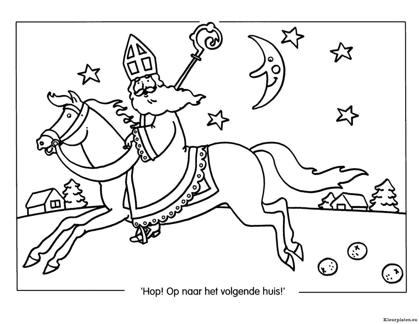 Sinterklaas op weg naar het volgende huis kleurplaat